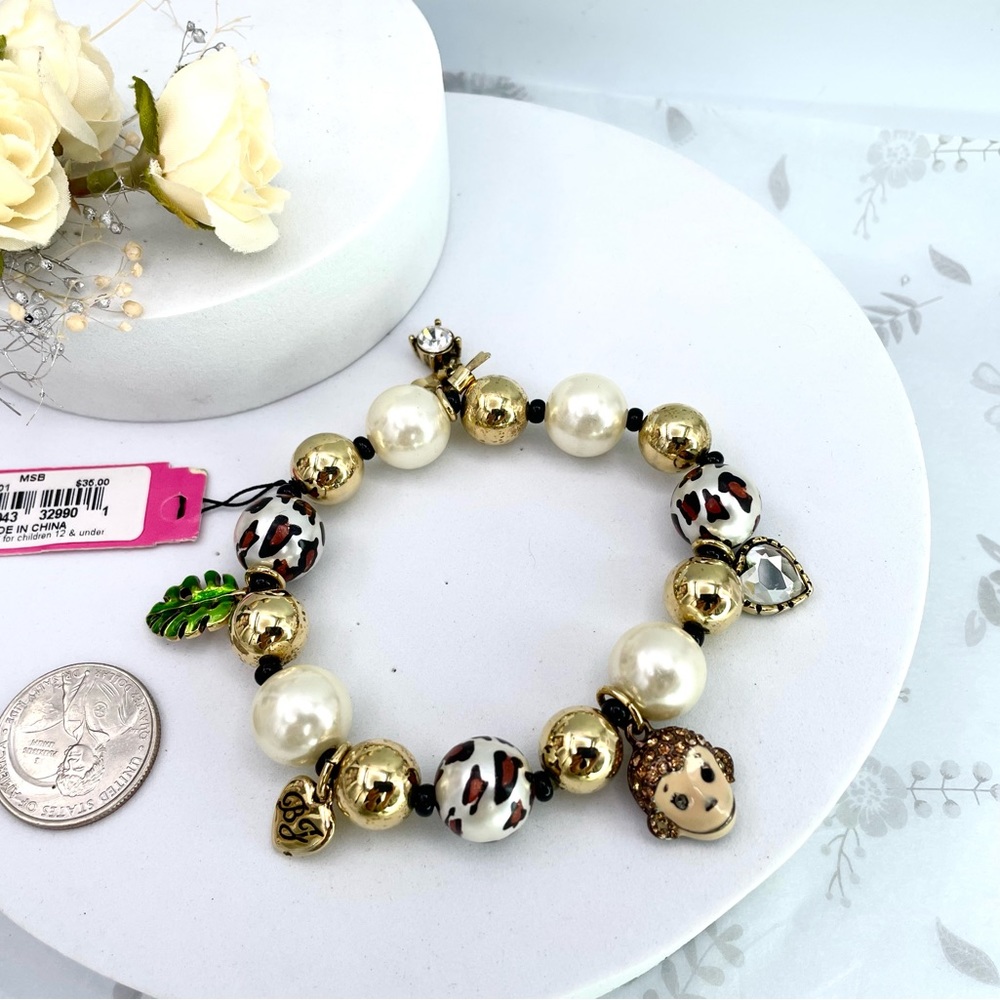 Betsey Johnson Vintage Leopard Bead /Pearl Monkey Sign Charm Elastic Bracelet